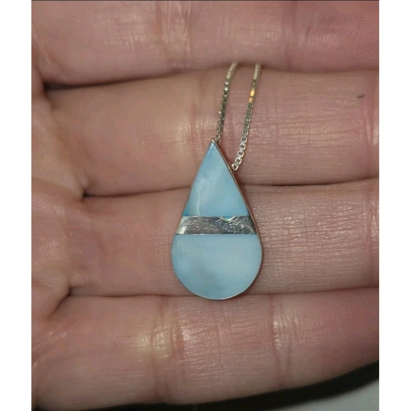 Sterling .950 Teardrop Pendant With Larimar Stone. Comes With 20 Inch Box Chain